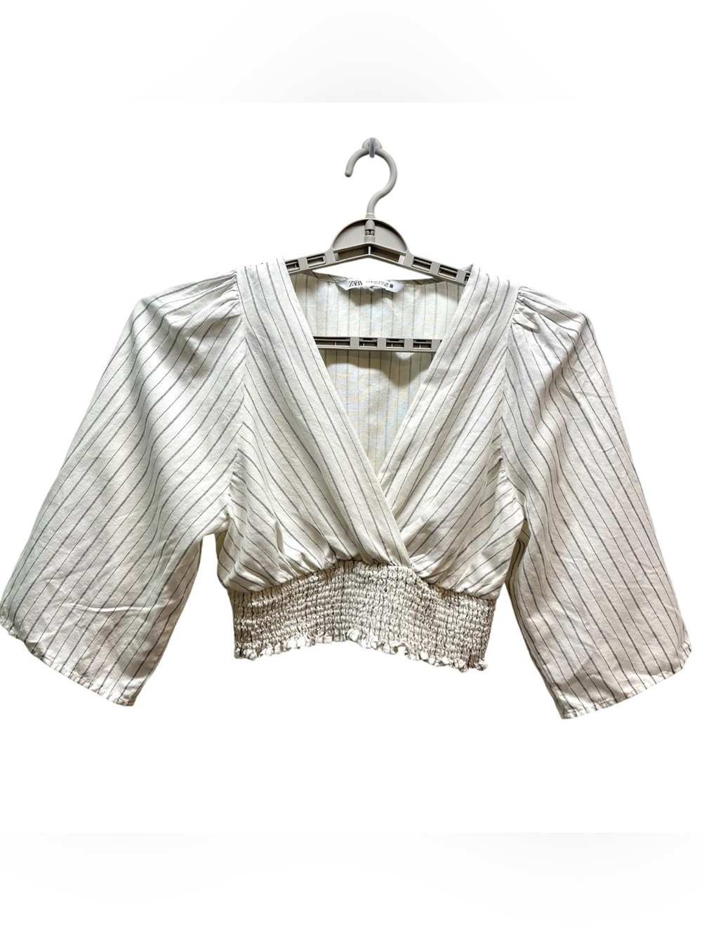 Zara women’s sz S striped cropped blouse v-neck line puff sleeves elastic hem
